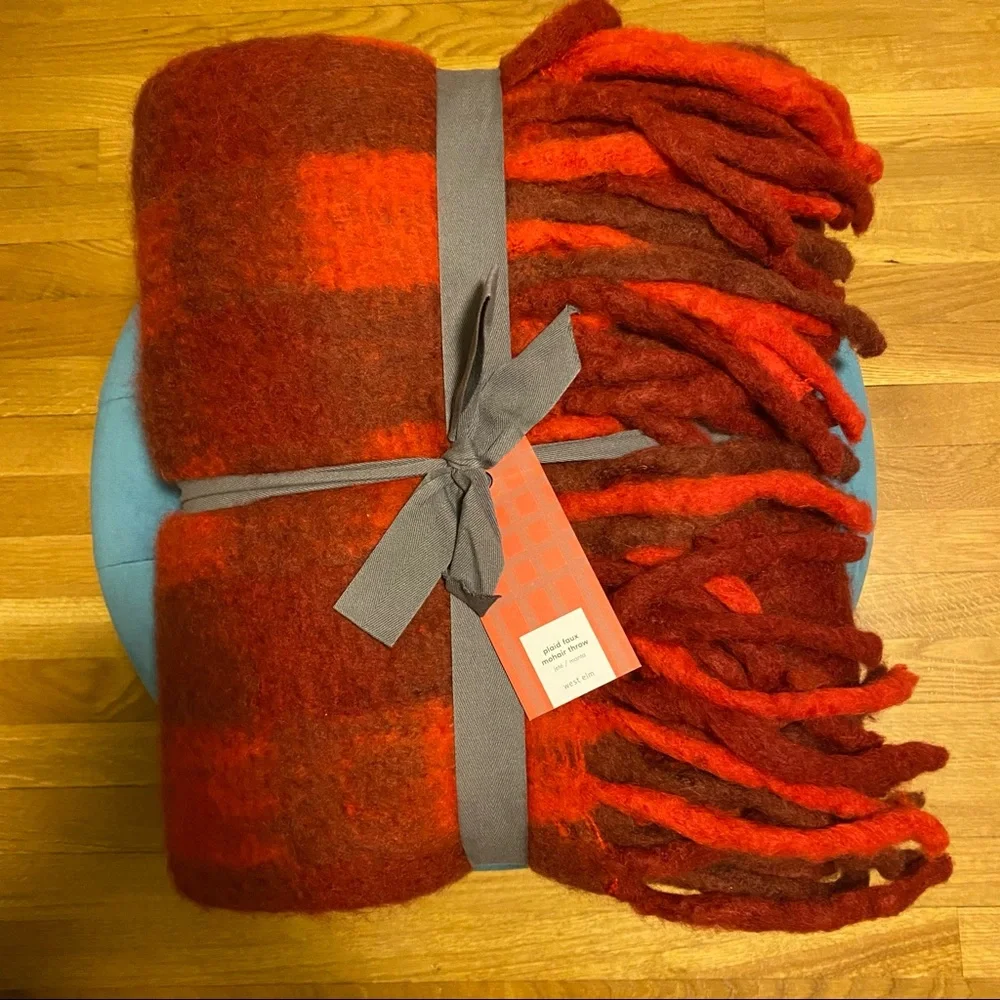 NWT red plaid faux mohair throw